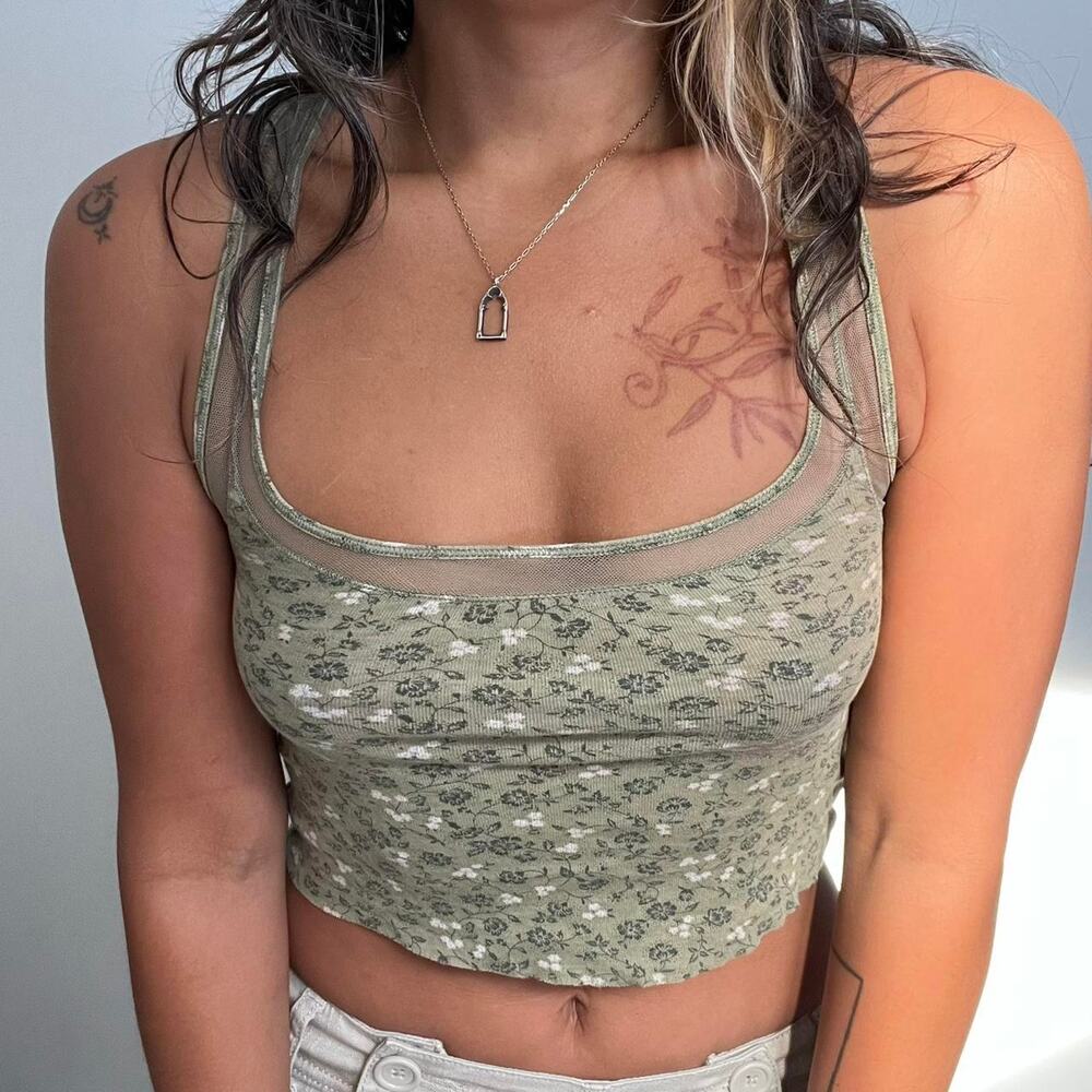 Mesh floral tank top green